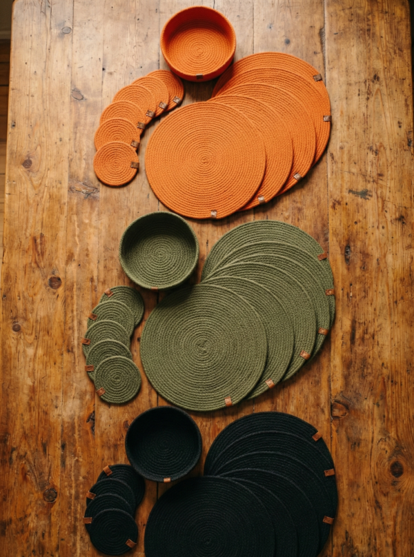 Combo 6 Individuales + 6 Posa Vasos + Cesta 18 Cm de Regalo Soga Algodon 7mm