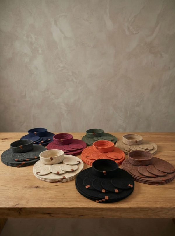 Combo 4 Individuales + 4 Posa Vasos + Cesta 15 Cm de Regalo Soga Algodon 7mm