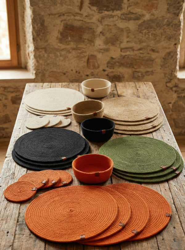 Combo 4 Individuales + 4 Posa Vasos + Cesta 15 Cm de Regalo Soga Algodon 7mm