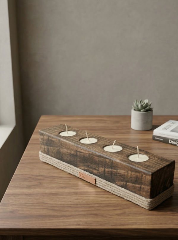 Porta velas Artesanal de Madera y Yute X4